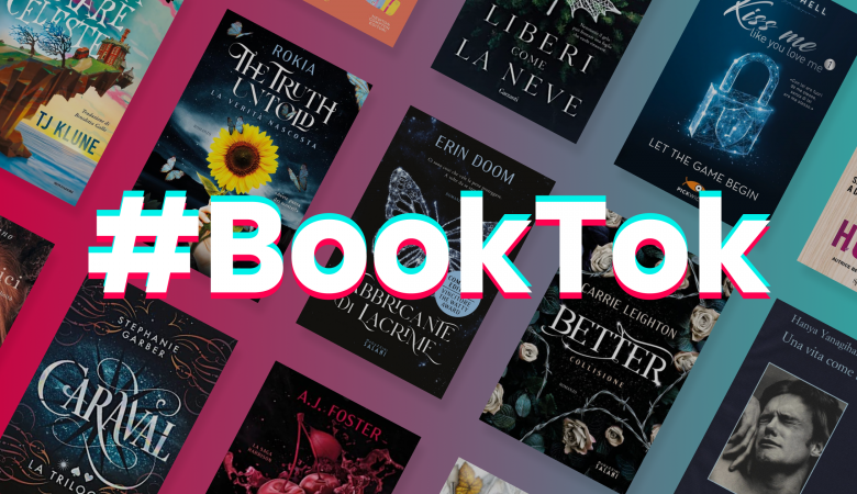 Cover con hashtag #booktok e libri sullo sfondo